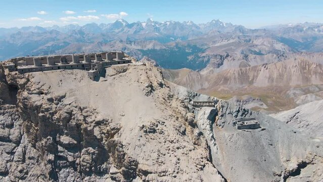 High-position view of ruined artillery batteries in Mont Chaberton peak