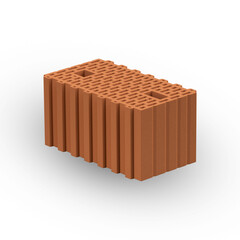 Large-format ceramic brick on a white background with holes for the construction of buildings and structures. 3D rendering.