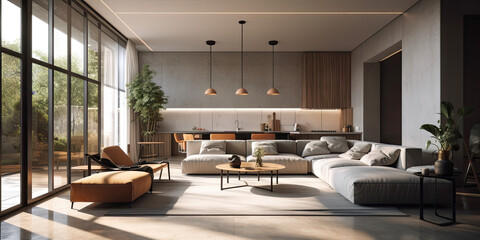 Fototapeta na wymiar Modern bright home living room interior, background, 3d render Generative AI