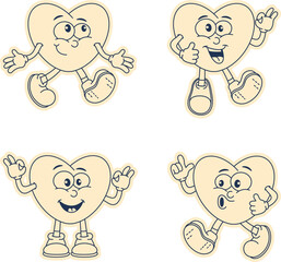  Heart shaped stickers in 2000s cartoon retro style on transparent background. Monochrome palette in beige and blue colors. Love concept. Valentine's Day. Vector.