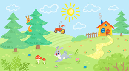 Summer landscape with rabbit, squirrel, tractor, green trees, bushes, grass, flowers, and small house. In cartoon style. Vector flat illustration.