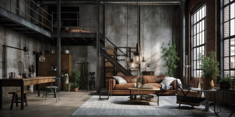 Living room loft in industrial style, 3d render Generative AI