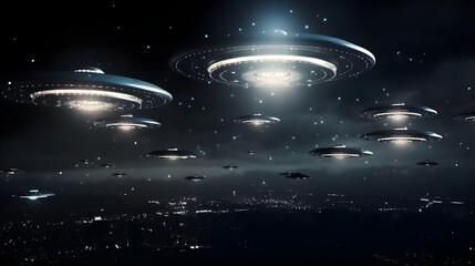 UFOs, Aliens, Weltraum, Planeten, Sterne, Galaxien, Raumschiffe, Technologie, Fortschritt, Futuristisch, Lichter, Schimmernd, Glänzend, Metallisch, Außerirdische, Fliegende Untertassen, Kreisförmig, D