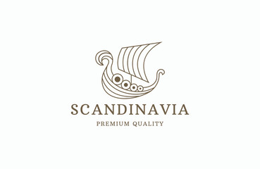 Viking sail ship drakkar scandinavia line art logo design template - obrazy, fototapety, plakaty