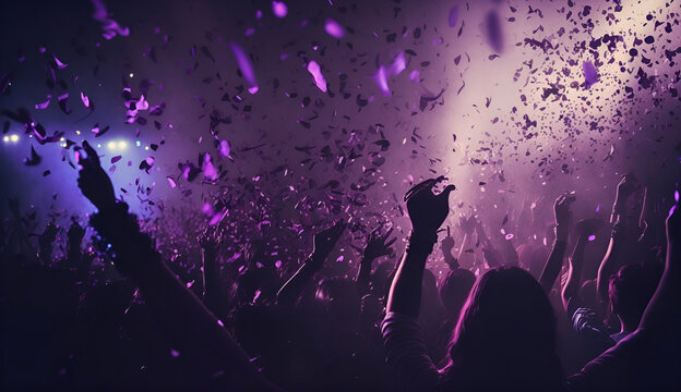 Close-up photo of many party people dancing at night club