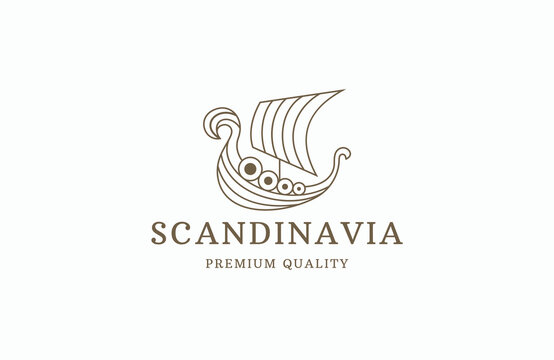 Viking sail ship drakkar scandinavia line art logo design template