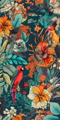 Fototapeta na wymiar Parrots and jungle flowers pattern, floral illustartion, colourful, vintage style, Generative AI