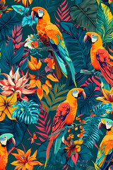 Fototapeta premium Parrots and jungle flowers pattern, floral illustartion, colourful, vintage style, Generative AI