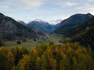 Village in Brusson with mountains in the background, Val d'ayas, Aosta Valley, Italy