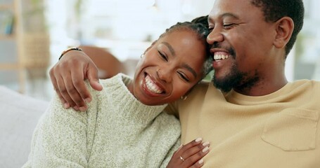 Relax, happy and love with black couple on sofa for conversation, bonding and support. Affectionate, communication and hug with man and woman in living room at home for laugh, free time and weekend - Powered by Adobe