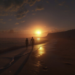 Fototapeta na wymiar couple walking sunset generative ai 