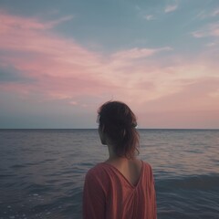 lonely girl gazing at the sea with melancholy in an orange sunset generative ai	