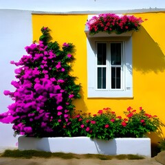 Fototapeta na wymiar Imagem colorida de uma parede amarela com janela branca e flores magenta.