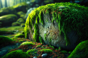 The intricate details of a moss-covered rock, textured and patterned in shades of green