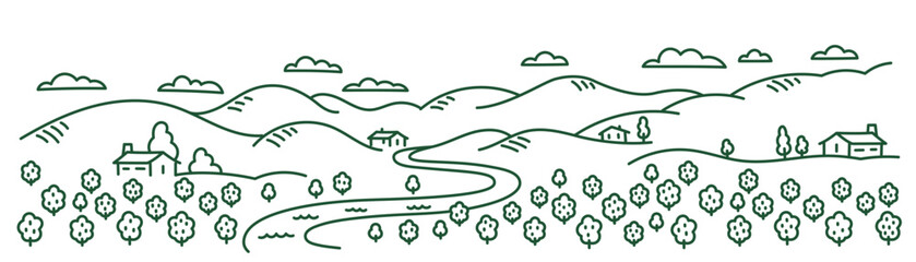 Rural orchard landscape. Countryside garden trees. Editable outline stroke. Vector contour line Illustration.
