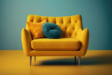 Modern yellow sofa with cushions over blue background made with Generative AI.