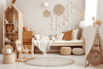 whimsical and cozy bohemian-style child's room for a young kid, decorated with sand tone colors, playful patterns, and soft textures to create a warm and inviting space - Generative AI