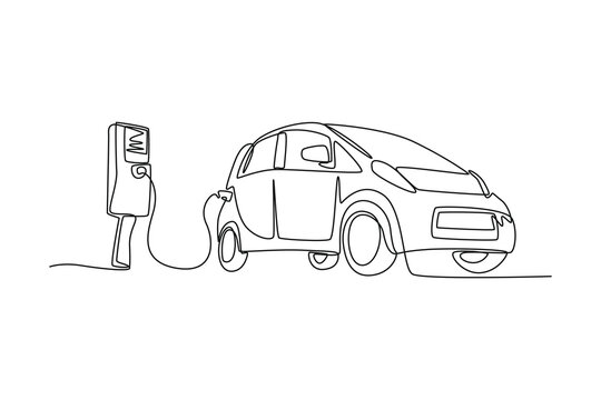 Continuous one-line drawing of modern electric car is charging. Electric car concept single line draws design graphic vector illustration