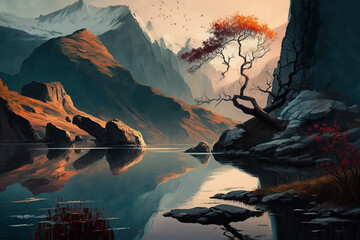 Fantasy beautiful landscape with a lake, mountains and a tree. Peace and nature. Digital painting. 3d vector illustration. Image