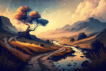 Beautiful autumn landscape with a river, road and a tree. Peace and nature. Digital painting. 3d vector illustration. Image