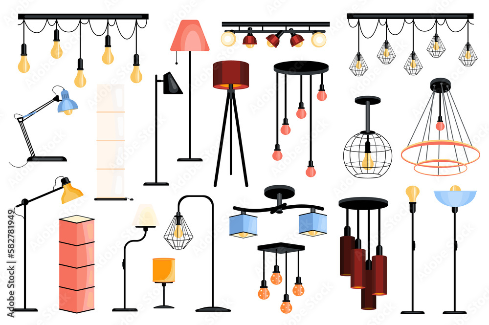 Poster Lamps set graphic elements in flat design. Bundle of different types of table and floor lamps, chandeliers, hanging light bulbs with modern lampshades and other. Illustration isolated objects