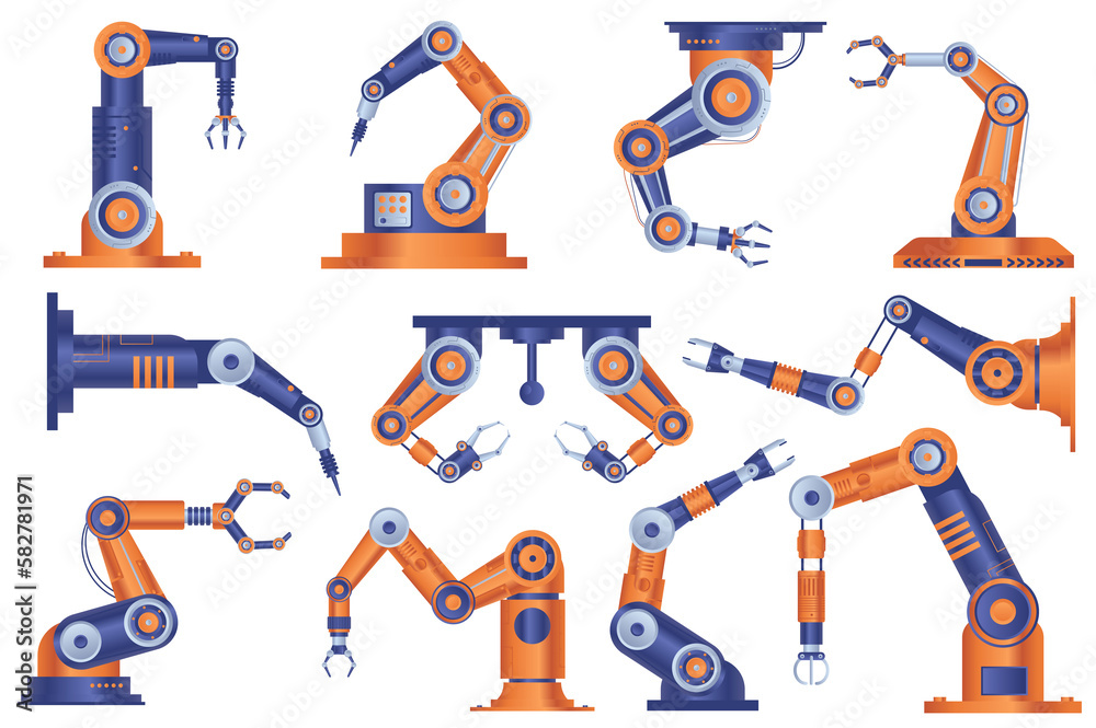 Aufkleber Industrial robot arms set graphic elements in flat design. Bundle of automatic robotic manipulators hands for working at conveyor line of assembly factory. Illustration isolated objects