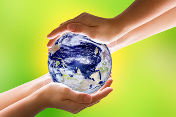 hand holding globe CO2emission reduction concept for environment, global warming, sustainable development Sustainability by conserving natural renewable energy,Elements of this image furnished by NASA