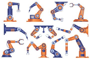 Industrial robot arms set graphic elements in flat design. Bundle of automatic robotic manipulators hands for working at conveyor line of assembly factory. Illustration isolated objects