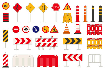 Road signs set graphic elements in flat design. Bundle of signpost and direction pointers, speed limit, detour, under construction, stop, turn, repair work, other. Illustration isolated objects