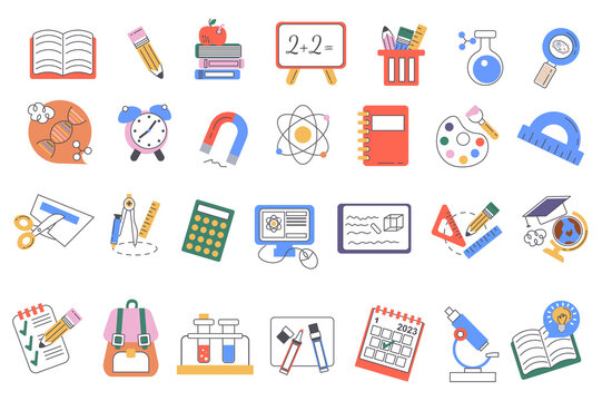 School supplies set graphic elements in flat design. Bundle of book, pencil, chalkboard, flask, magnifying glass, dna, clock, magnet, atom, notebook and other. Illustration isolated objects
