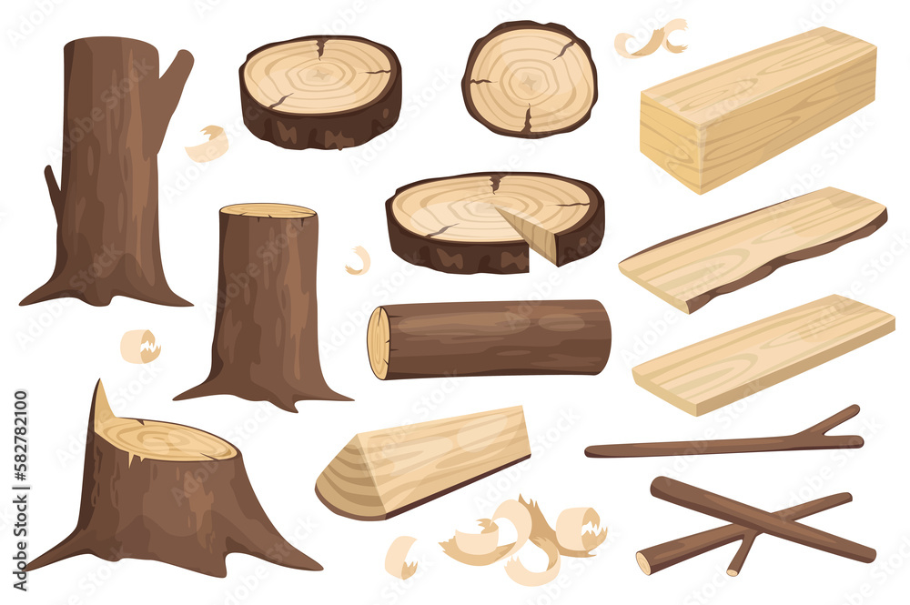 Leinwandbilder wood logs set graphic elements in flat design. bundle of different type of tree trunks, stumps, wood