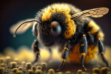 A close-up of a bumblebee, with soft and fuzzy textures on display in shades of black and yellow