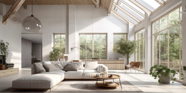 Modern Living room with vaulted ceilings, 3d render Generative AI