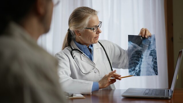 Doctor is shows X-ray images to patient. Concept of doctor discuss personal healthcare.