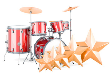 Fototapeta na wymiar Drum kit with five golden stars. Customer rating, 3D rendering