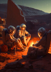 astronauts partying on Mars, campfire, abstract poster illustration, ai generative