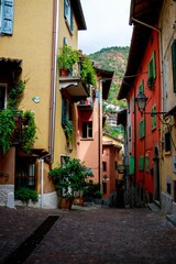Vertical shot of a narrow street with old buildings decorated with plants in Argegno, Italy