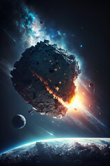 Asteroid falling to planet. AI generated illustration