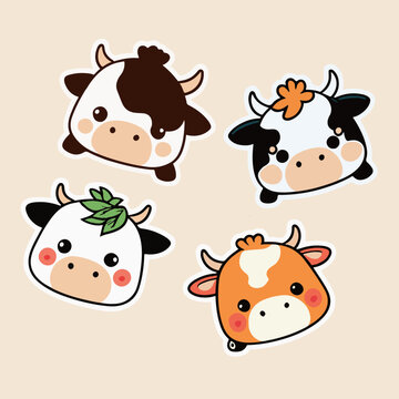 set of funny and cute cows stickers illustration. cute cow vector illustration
