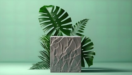 Minimal podium stand with empty space on tropical leaves background fro product placement