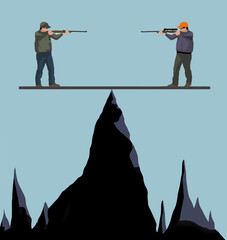 Men point guns at one another and both will die if they fall. It is a no win situation in a 3-d illustration.