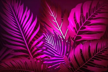 Purple pink neon tropical leaves background. Modern exotic florals background for summer party design.