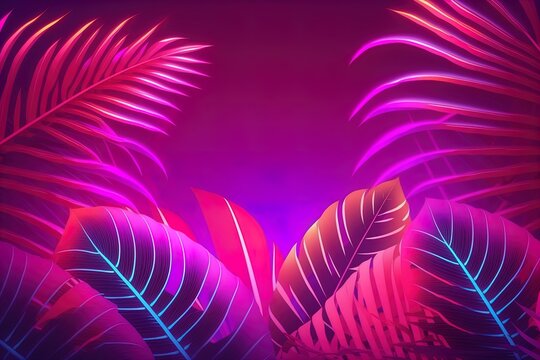 Purple pink neon tropical leaves background. Modern exotic florals background for summer party design. © Marina