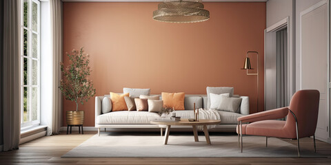 Modern bright sitting room with accent wall, 3d render, generative AI