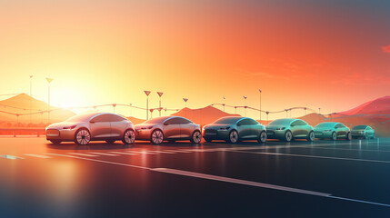 Obraz na płótnie Canvas A modern and sleek background featuring a fleet of electric cars. Generative AI.