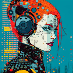Cyberpunk woman, matrix background, schematic, project engineering style, abstract and pop art illustration, Generative AI