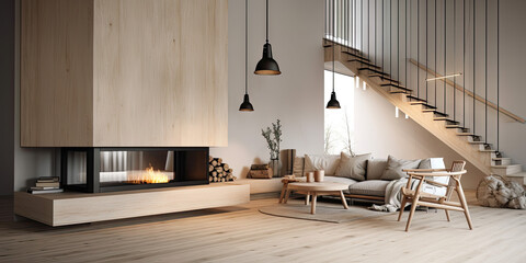 Modern home interior with fireplace Scandinavian, 3d render Generative AI