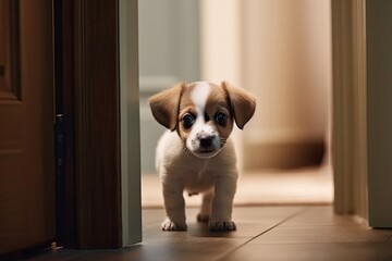An adorable little puppy eagerly waiting in front of the door, with excitement and its big round eyes sparkling with anticipation, yearning for the return of its beloved owner - Generative AI