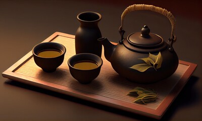 Japanese Tea, Hot Teapot And Teacups On Bamboo Mat, generative AI