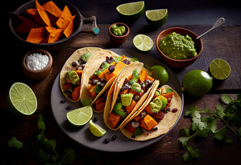 Vegetarian vegan Sweet Potato Mexican Tacos Soup, Mouth Watering Photography
